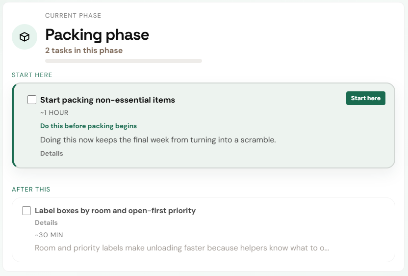 Checklist preview showing current phase and next tasks.