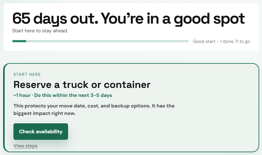Dashboard preview showing countdown, status, and next task.